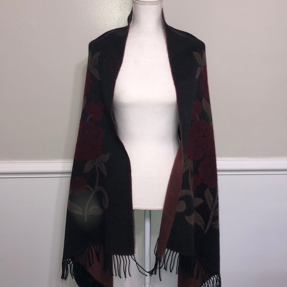 Black Floral Fringed Reversible Shawl or Throw